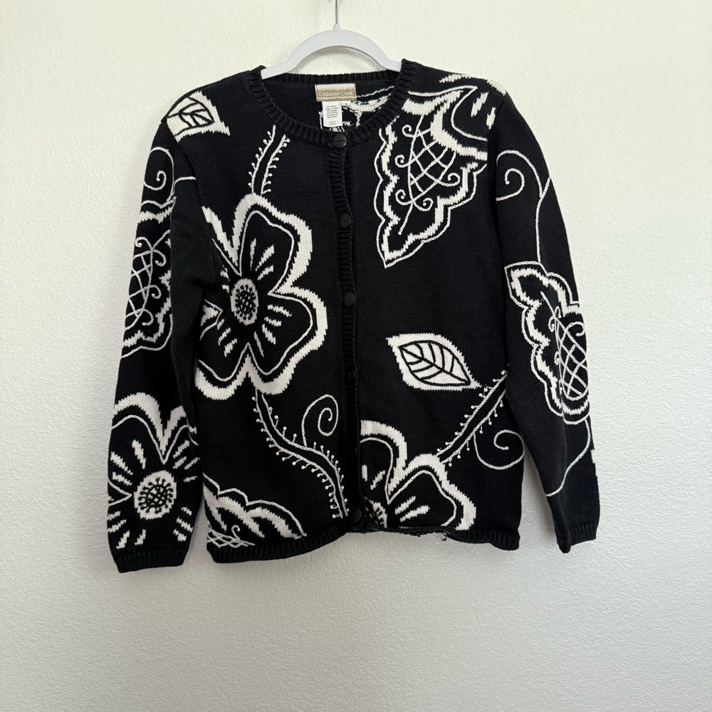 Vintage Coldwater Creek Knit Black White Floral Cardigan Small